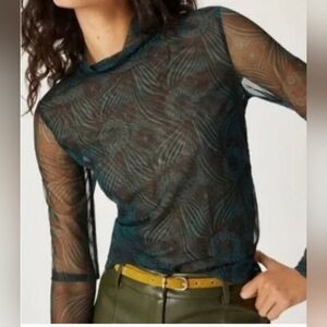 By Anthropologie- Blouse Women's S Black With Green Patern Mesh Turtle Neck